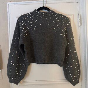 Grey Cropped Knit Sweater with Pearls